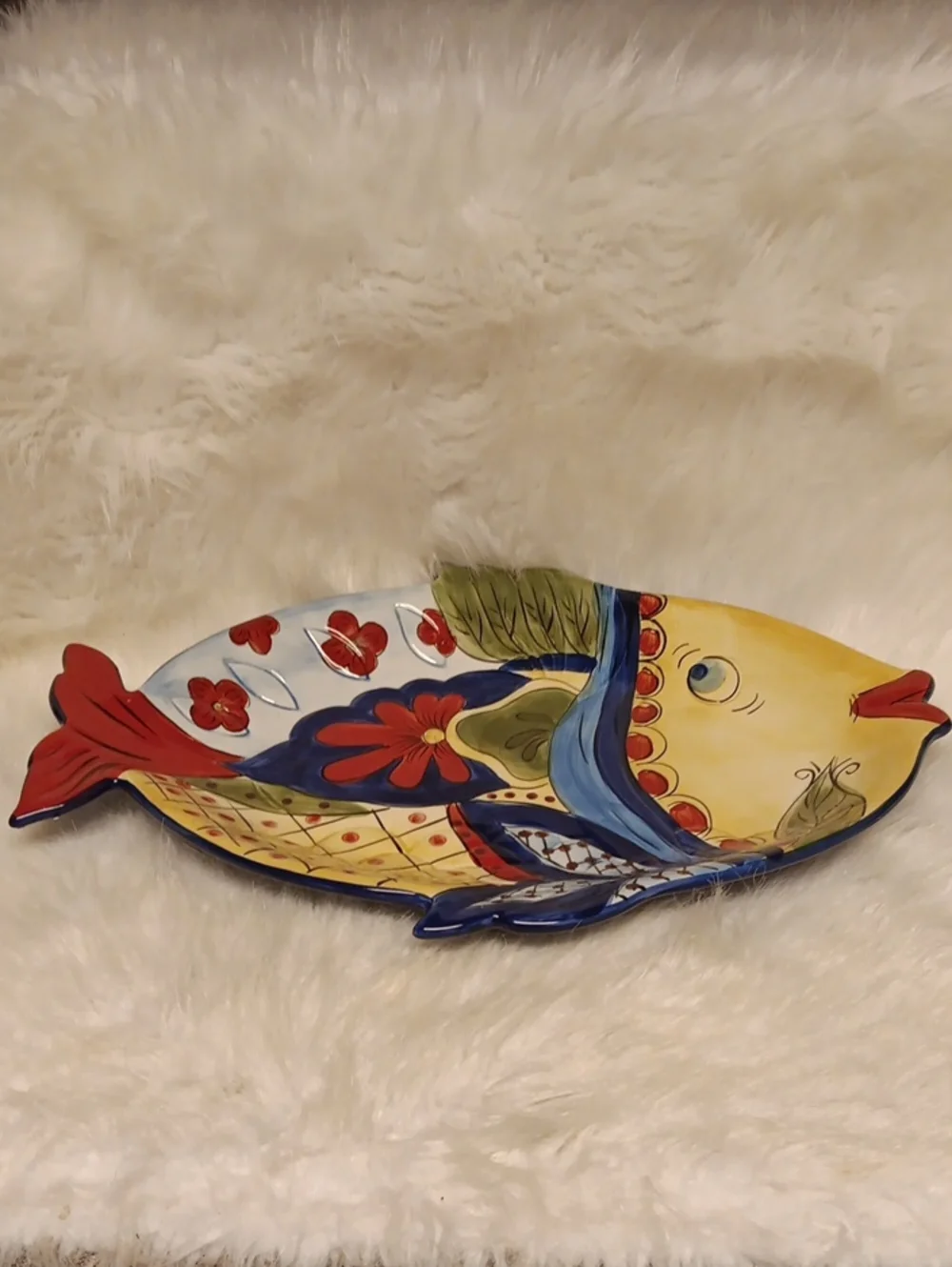 Hand-Painted Fish Ceramic Platter in Yellow, Blue & Red